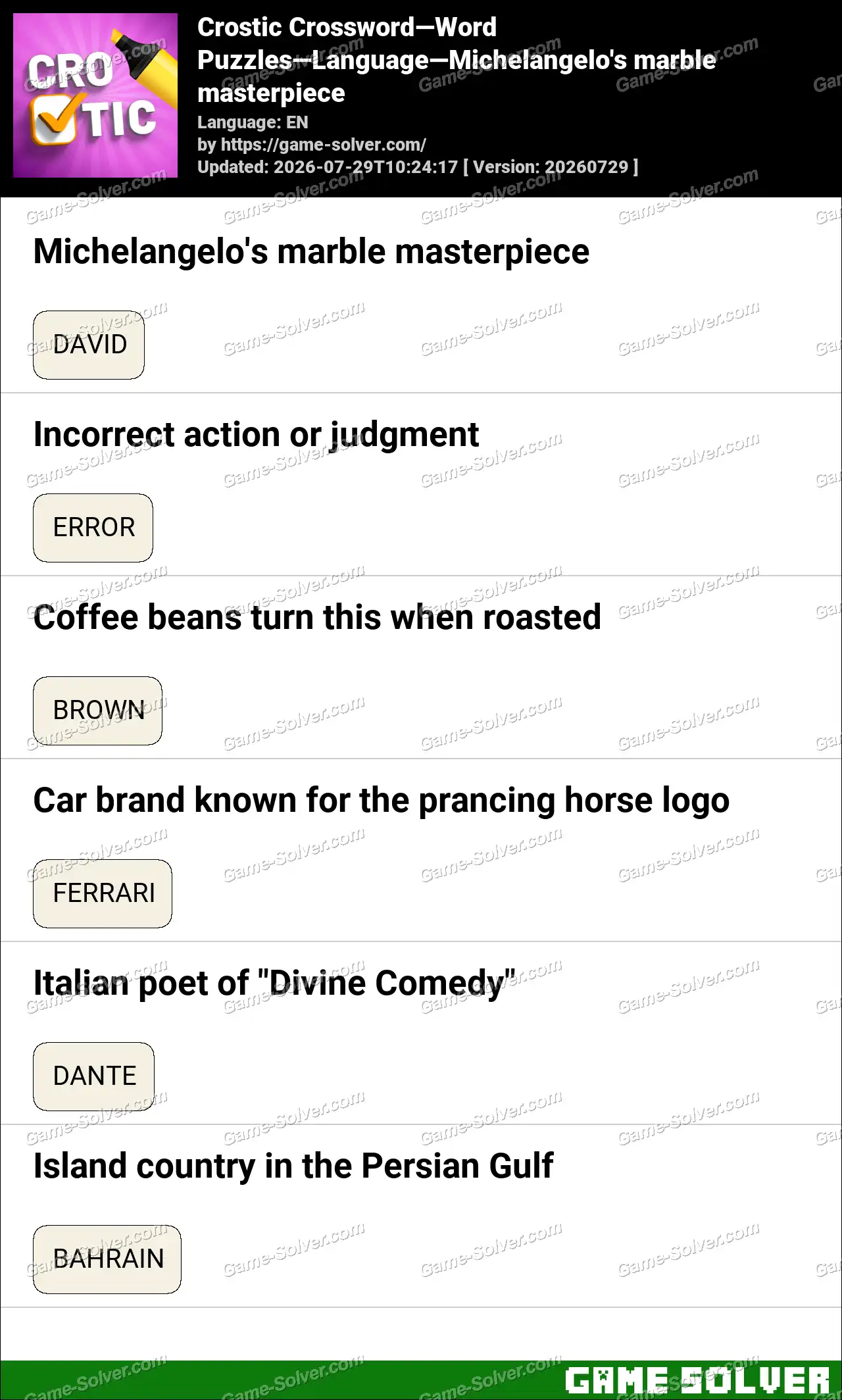 Crostic Crossword-Word Puzzles-Language-Michelangelo’s marble masterpiece